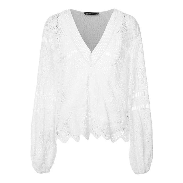 Sexy White Lace Hollow Out Plus Size Blouse-ChicBohoStyle