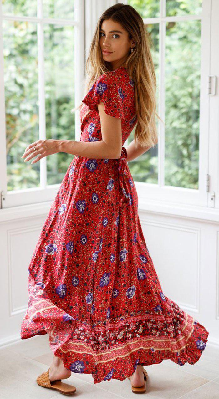 Short Sleeve Boho Floral High Split Maxi Dress-ChicBohoStyle