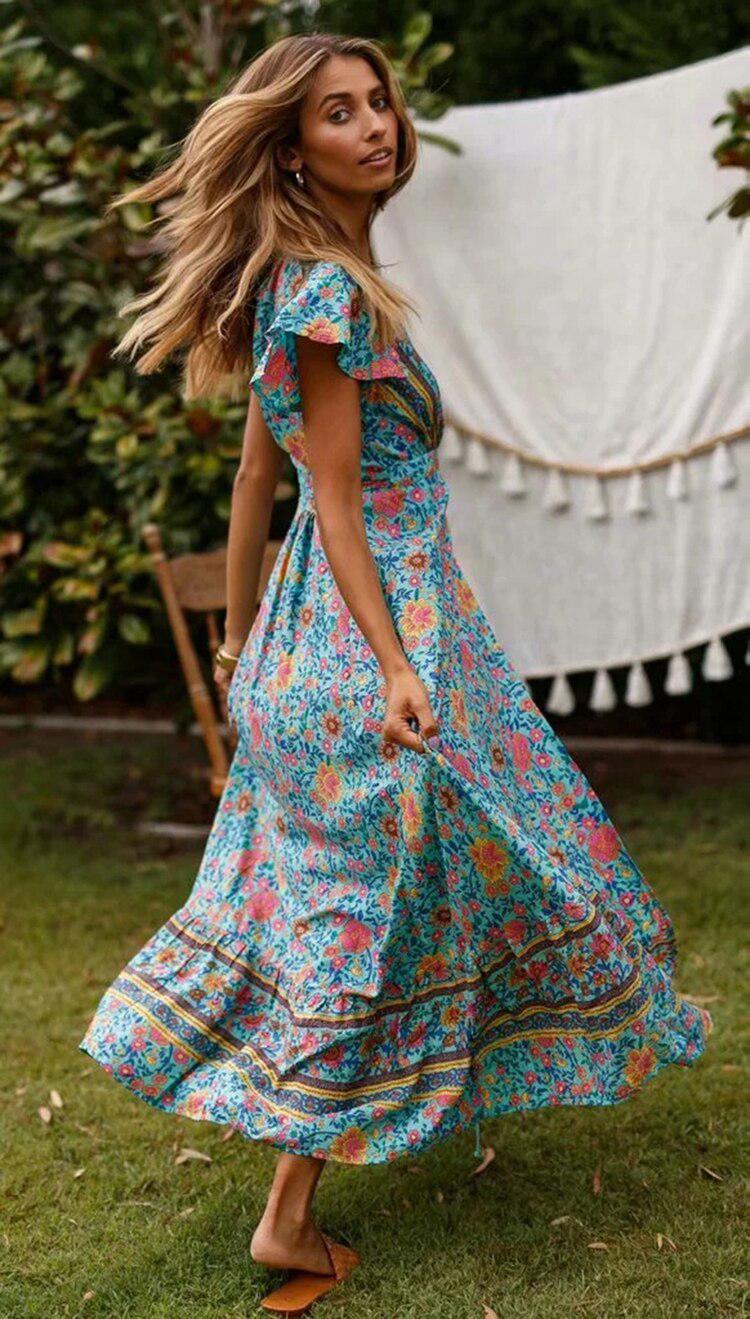 Short Sleeve Boho Floral High Split Maxi Dress-ChicBohoStyle