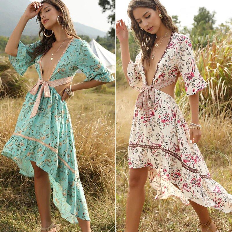 V neck sales bohemian dress