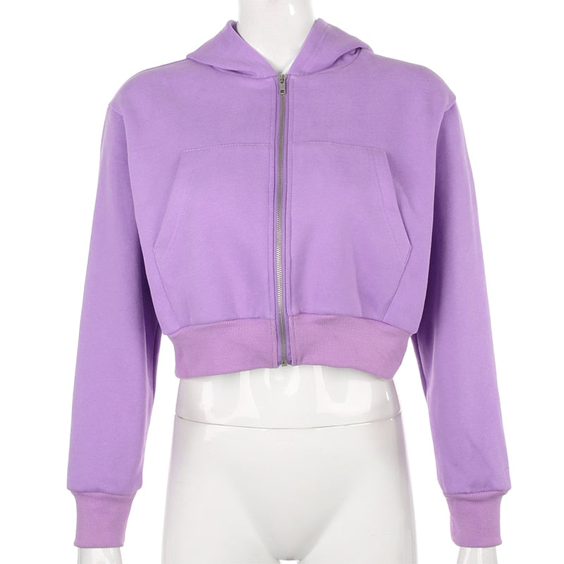Soft Girl Loose Lavender Solid Zipper Sweat Coat