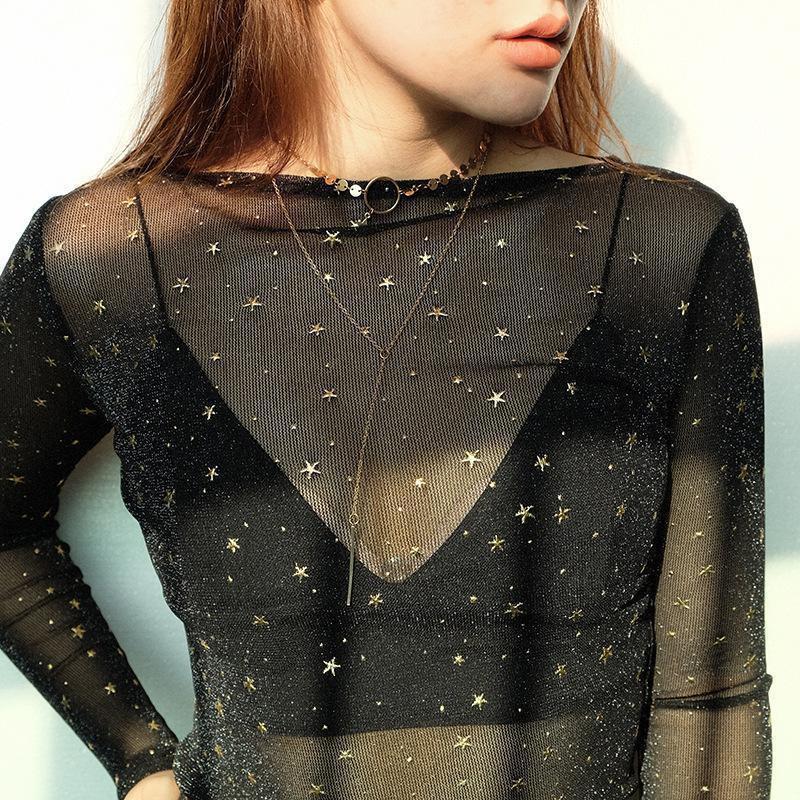 Starry Long Sleeve Transparent Mesh Top-ChicBohoStyle