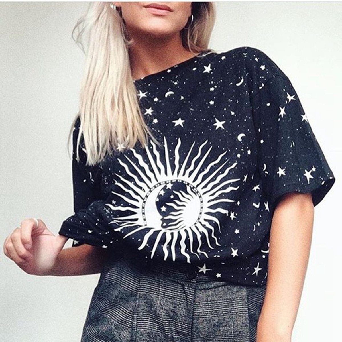 Sun Moon Hippie Stars Long Tee Dress-ChicBohoStyle
