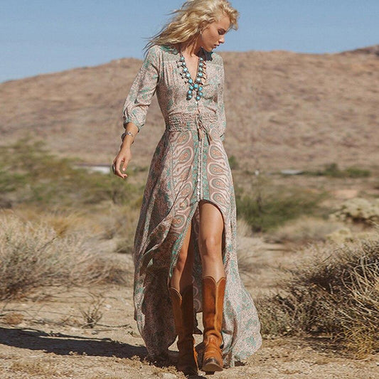 Three Quarter Sleeve Gypsy Hippie Dress-ChicBohoStyle