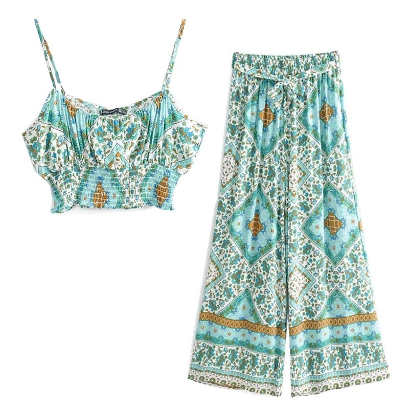 Turquoise Crop Top and Wide Leg Pants Set