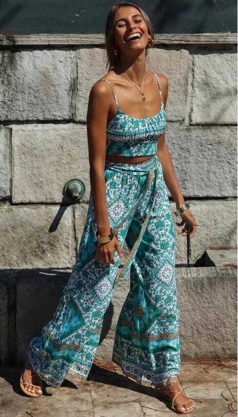 Turquoise Crop Top and Wide Leg Pants Set