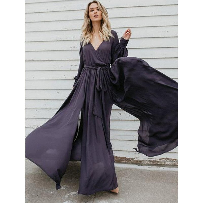 V neck long 2024 sleeve belted maxi dress