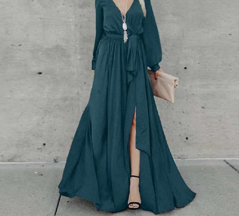 V-Neck Long Sleeve Belted Maxi Dress - ChicBohoStyle – Chic Boho Style