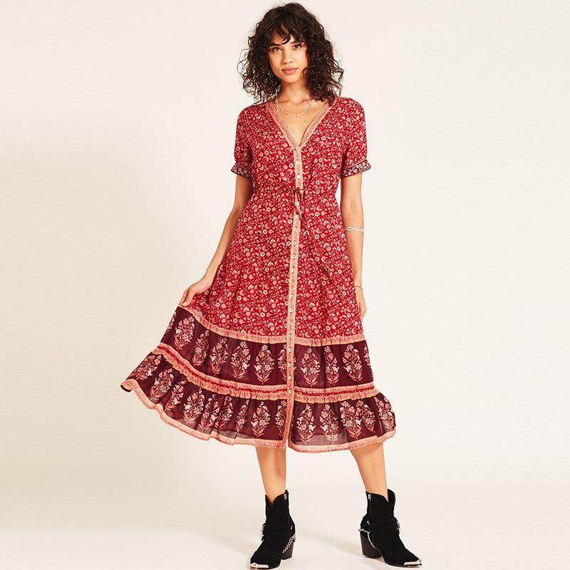 V-Neck Loose Summer Style Midi Dress-ChicBohoStyle