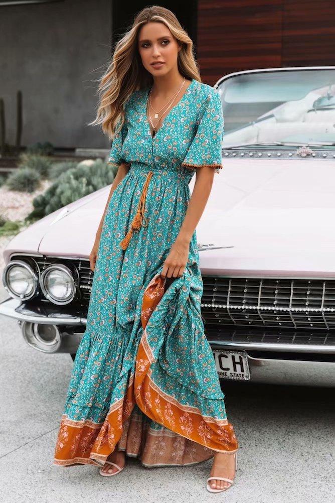 V-Neck Short Sleeve Boho Maxi Dress - ChicBohoStyle – Chic Boho Style