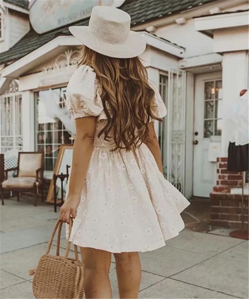 Vintage Beige Daisy Puff Sleeve Mini Dress - ChicBohoStyle – Chic Boho Style