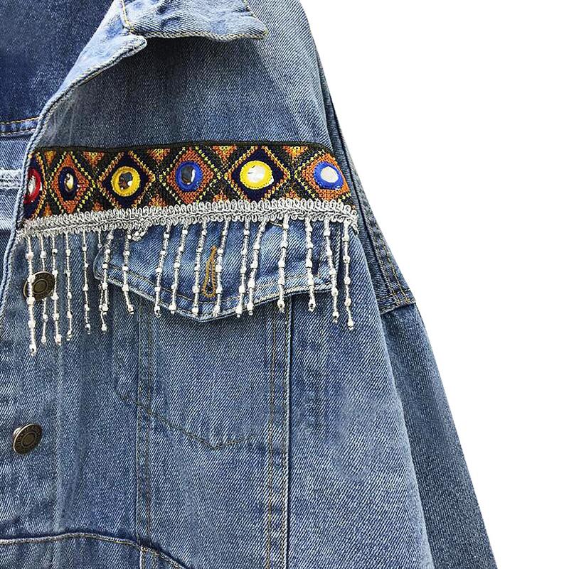 Vintage Ethnic Appliques Embroidery Tassel Denim Jacket-ChicBohoStyle