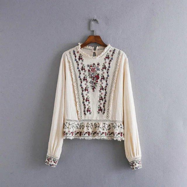 Vintage Floral Embroidery Beige Shirt-ChicBohoStyle