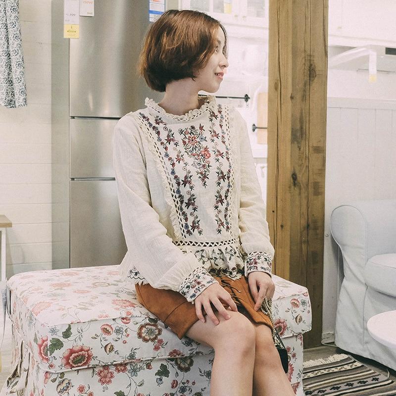 Vintage Floral Embroidery Beige Shirt-ChicBohoStyle