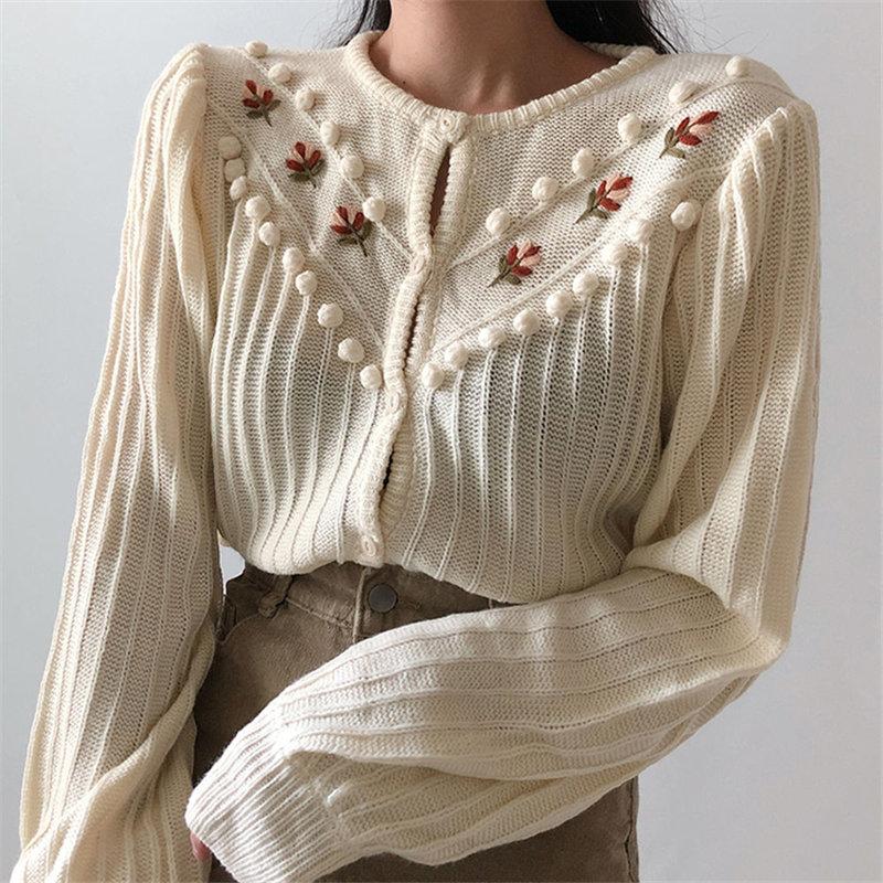 Vintage Floral Lantern-Sleeved Knitted Cardigans Sweaters-ChicBohoStyle