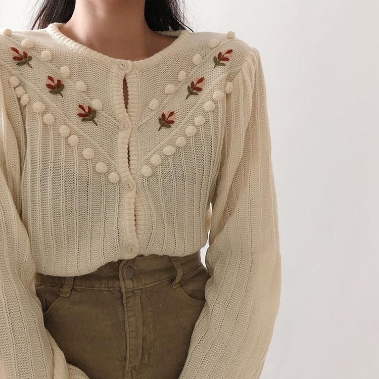 Vintage Floral Lantern-Sleeved Knitted Cardigans Sweaters-ChicBohoStyle