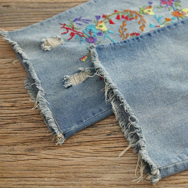 Vintage Flower Embroidered Elastic Waist Denim Pants