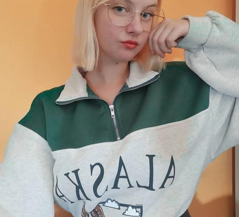 Vintage Fashion Women's Cotton Stand Collar Zipper Alaska Sweatshirt
