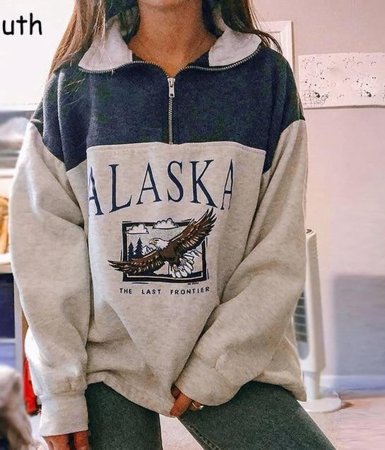Vintage Gray Alaska Half Zipper Loose Sweatshirt