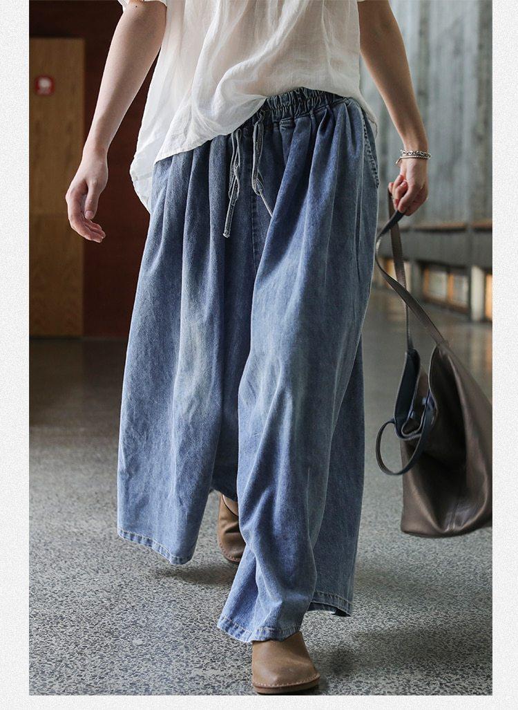 Vintage Loose Elastic Waist Plus Size Denim Pants-ChicBohoStyle