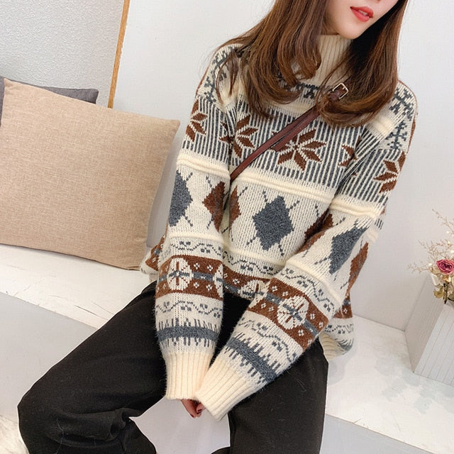 Vintage Loose Turtleneck Sweater – Chic Boho Style