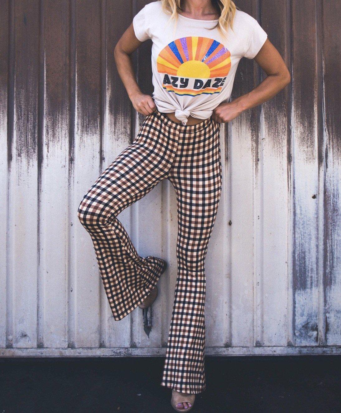 Vintage Plaid High Waist Long Flare Bell-Bottom Pants-ChicBohoStyle