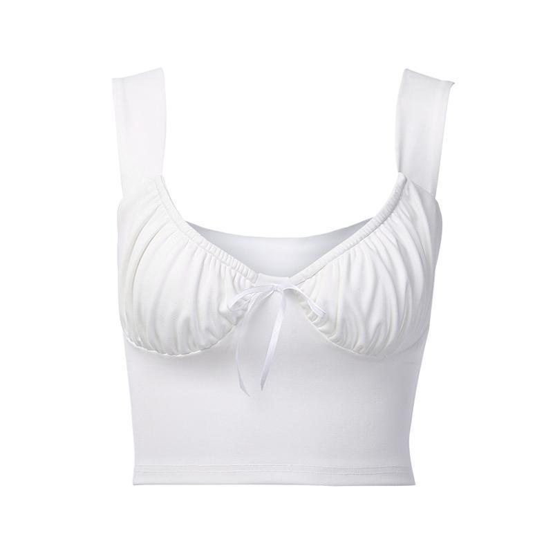 White Bow Sleeveless Ruched Crop Top-ChicBohoStyle