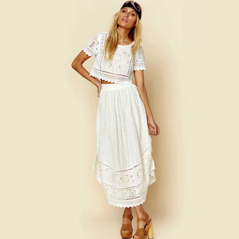 White Floral Embroidery Split Side 2pcs Summer Dress-ChicBohoStyle