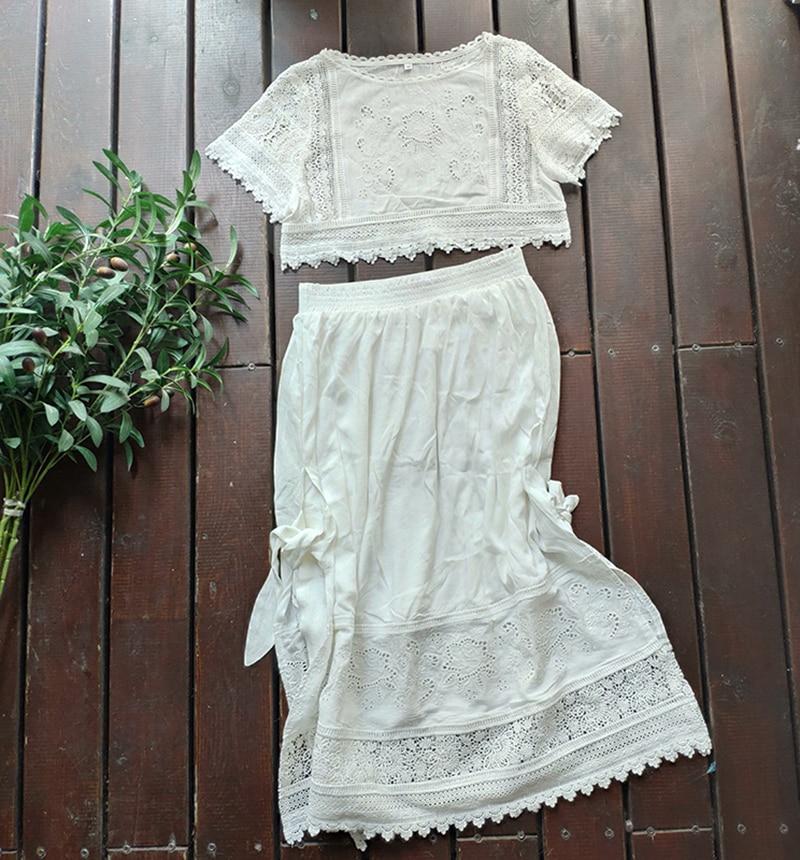 White Floral Embroidery Split Side 2pcs Summer Dress-ChicBohoStyle