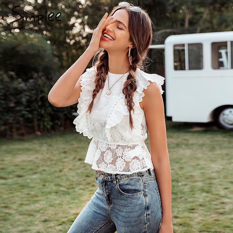 White Lace Embroidery Ruffled Vintage Top-ChicBohoStyle