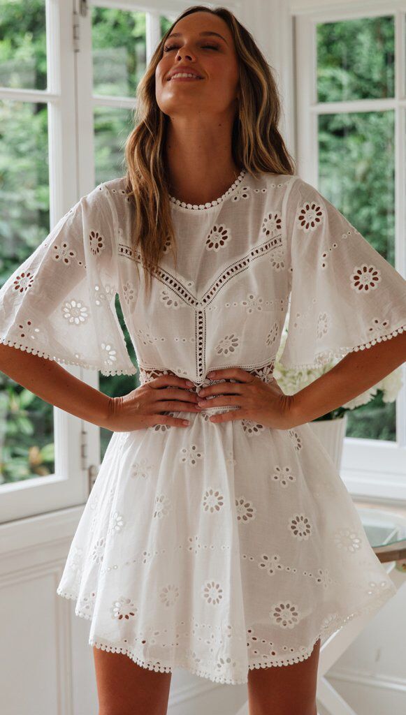 White Lace Floral Embroidery Short Sleeve Mini Dress - ChicBohoStyle – Chic  Boho Style