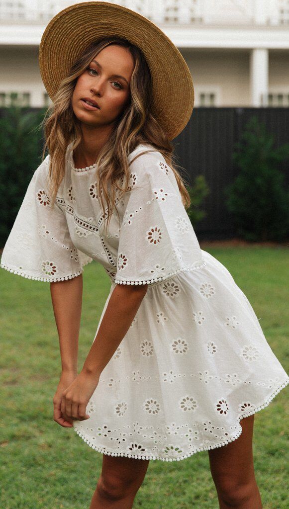 White Lace Floral Embroidery Short Sleeve Mini Dress-ChicBohoStyle