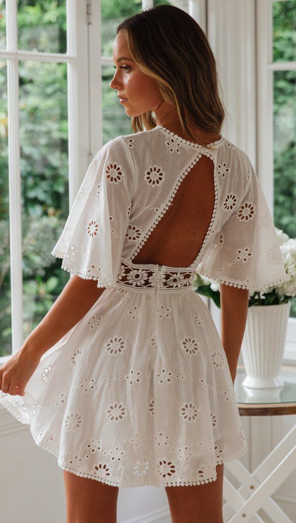 White Lace Floral Embroidery Short Sleeve Mini Dress-ChicBohoStyle