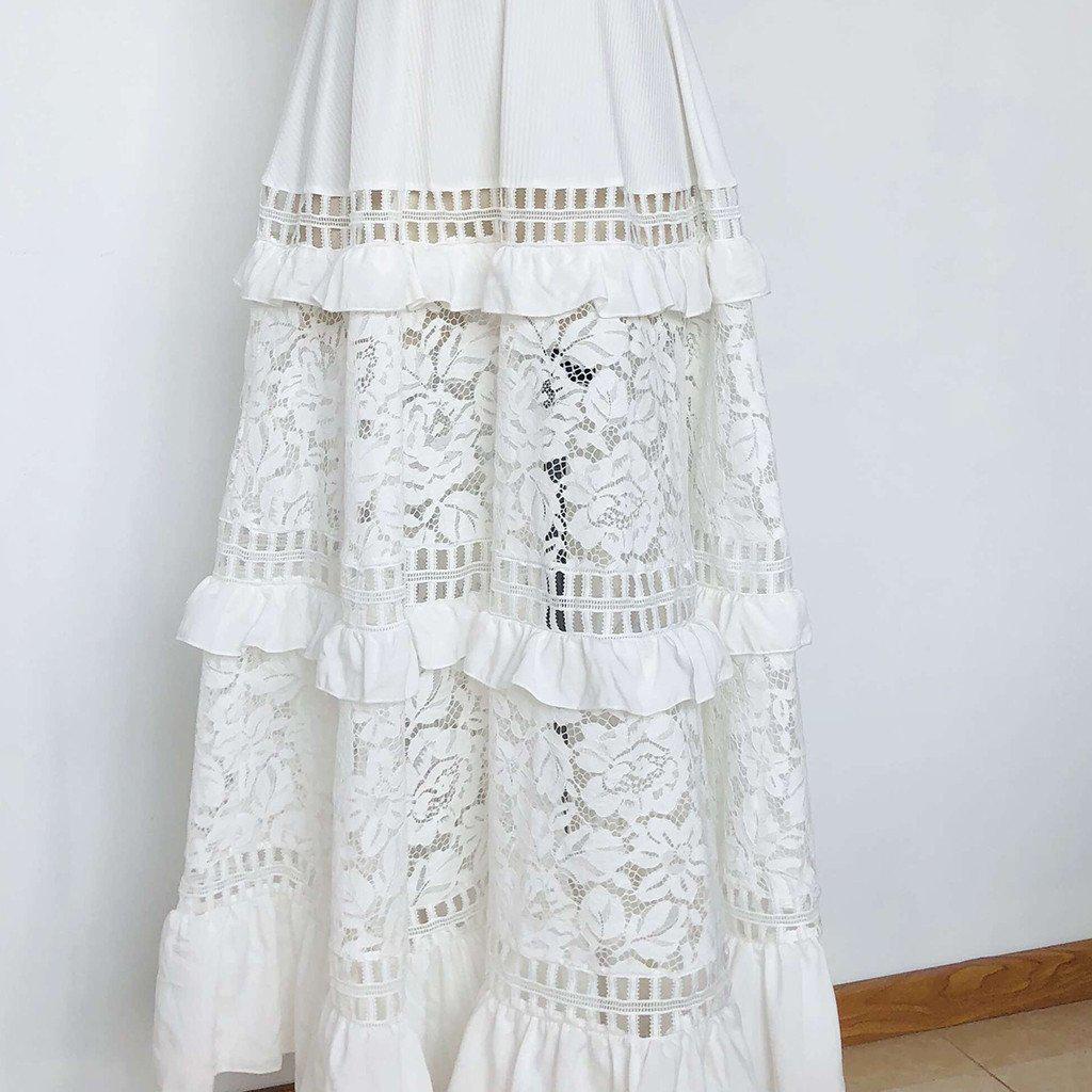White Lace Slash Neck Petal Sleeve Vintage Maxi Dress-ChicBohoStyle