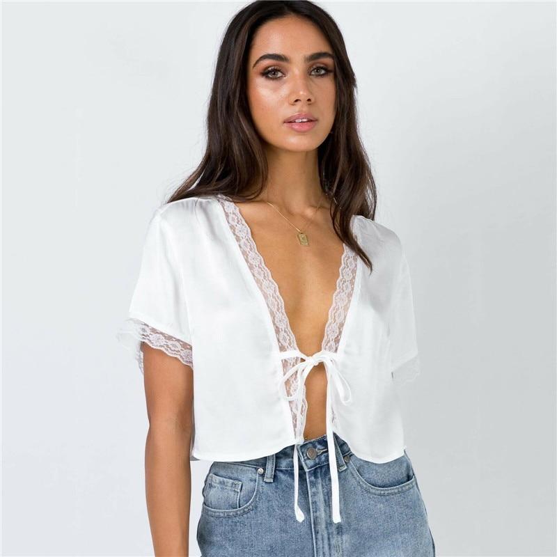 White Lace Tie Short Sleeve Crop Top-ChicBohoStyle