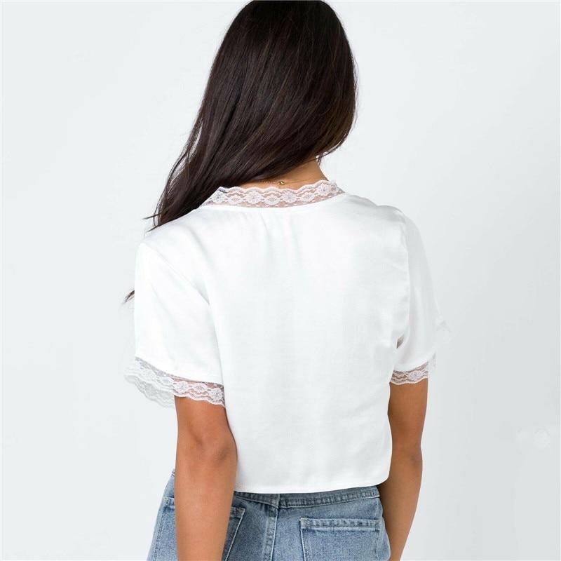 White Lace Tie Short Sleeve Crop Top-ChicBohoStyle