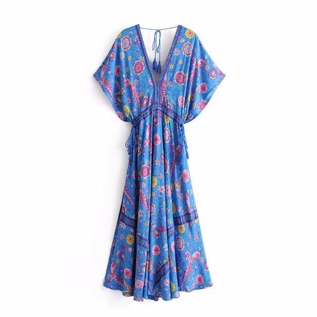 Wild Peacock & Flowers V-Neck Maxi Dress-ChicBohoStyle