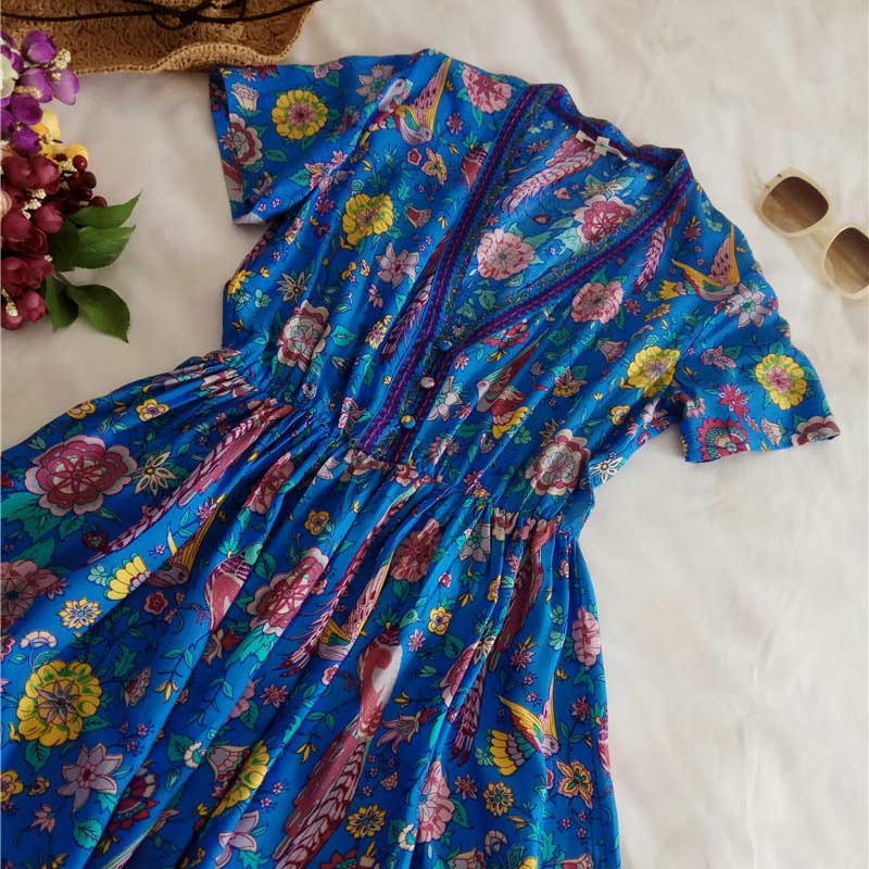 Wild Peacock & Flowers V-Neck Mini Dress-ChicBohoStyle
